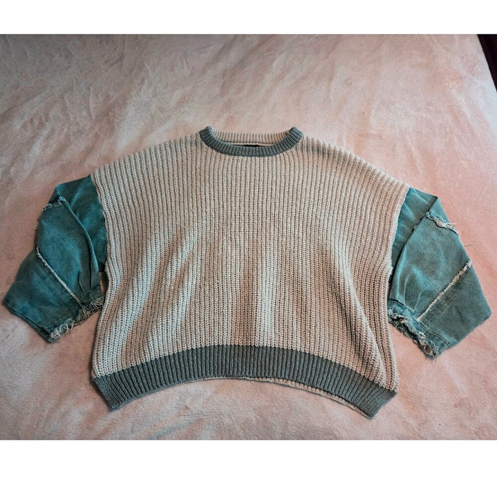 Debut Boxy Grey Sweater with Raw Hem Denim Sleeves, Womens Medium - Large